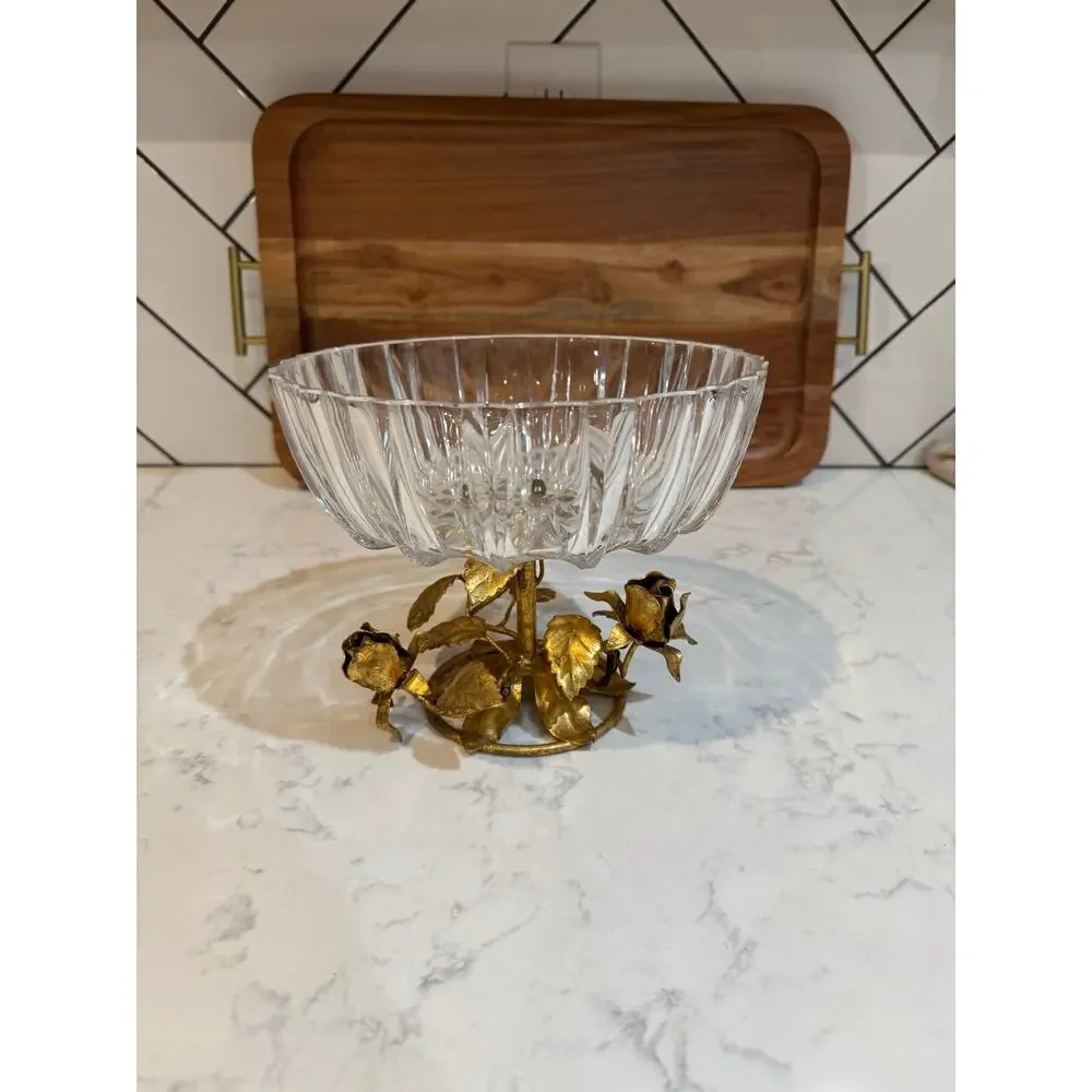 Hollywood Regency compote bowl crystal top gold-gilt cast brass pedestal base